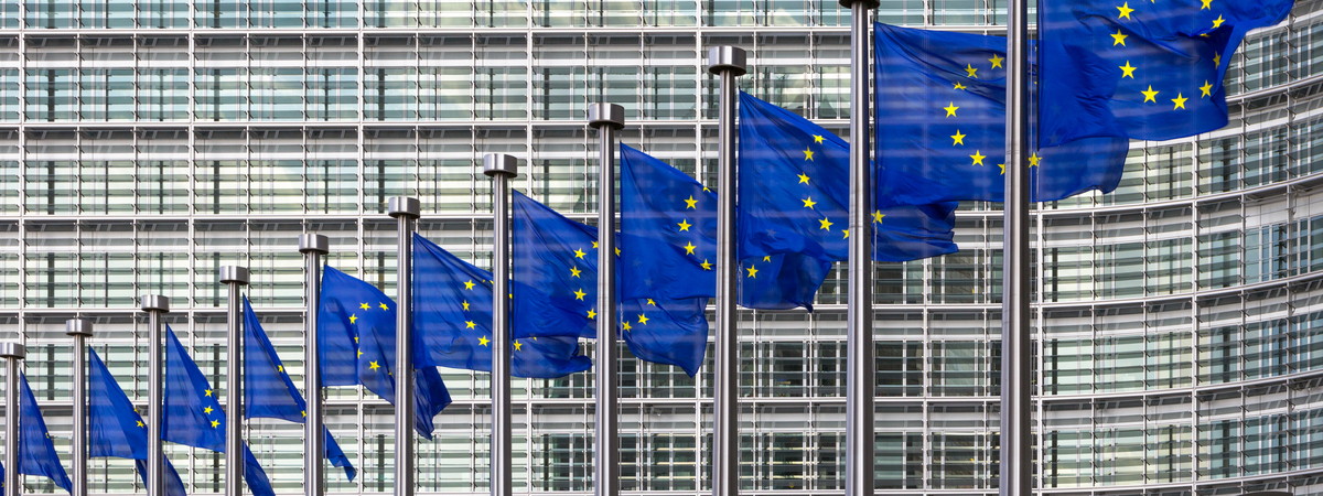 Row of EU Flags in front of the European Union Commission building in Brussels